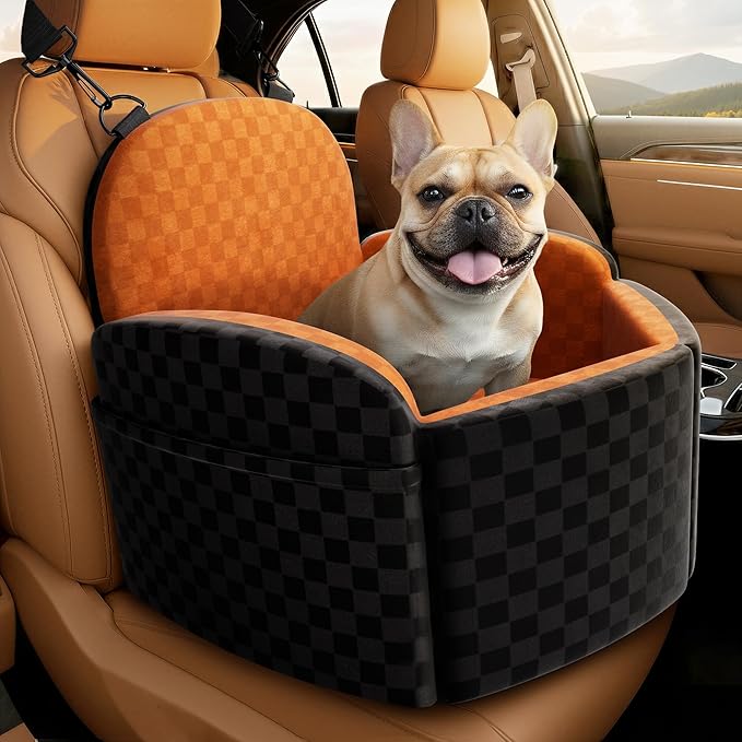 Dog Car Seat for Small/Medium Dogs Up to 35 lbs, Elevated Memory Foam Dog Booster Seat with 2 Safety Belts, Travel Safety Pet Car Seat with Detachable Washable Cover and Storage Pockets (Black/Brown)