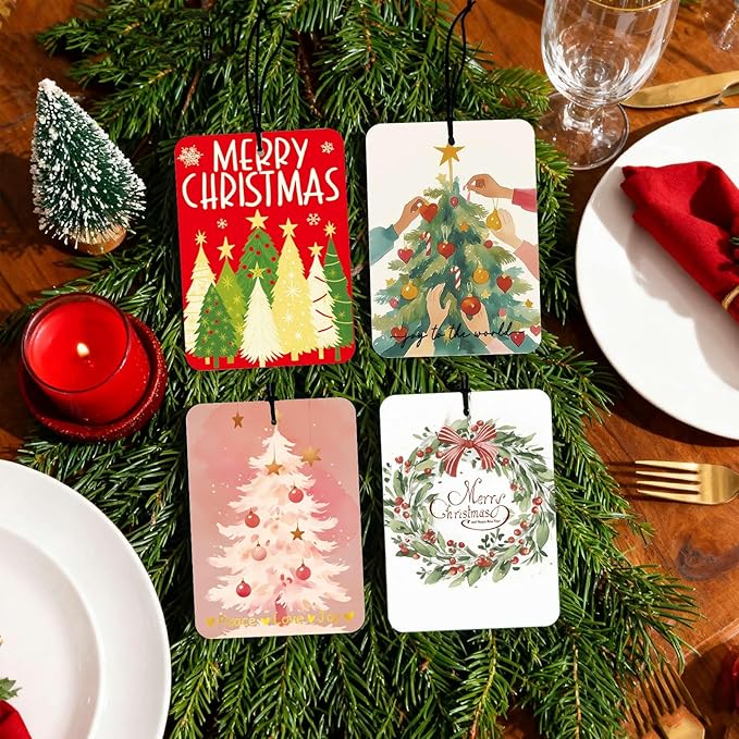 Christmas Car Air Fresheners 4 Pcs, Warm Holiday Tree & Wreath Hanging Air Freshener Set, Cozy Illustrated Merry Christmas Car Accessories for Women, Scented Gift & Stocking Stuffer for Holiday Season
