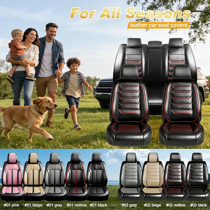 Fit Trax Car Seat Covers for Chevrolet/Chevy Trax 2015-2026 - Luxury Full Coverage Leather, Waterproof & All Weather Breathable Seat Cushion Protector, Airbag Compatible, Full Set, Red Trim