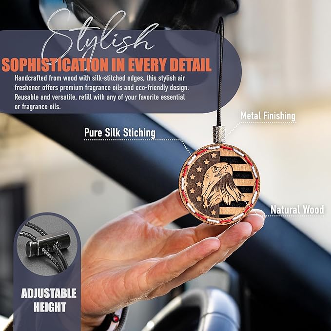 Handmade Wood Car Air Freshener — American Flag Designed Refillable Essential Oil Diffuser — Long Lasting Ocean Breeze Fragrance Oil 10 ml — Car Accessories Gift Box