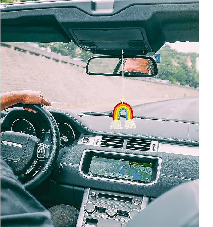 8 Pcs Boho Rainbow Car Charm Macrame, Cute Bohemian Handmade Woven Wooden Beads, Diffuser, Colorful Accessories Hanging Air Fresheners Decor