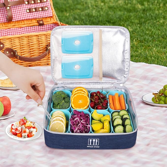 Snack Box Container with Insulated Cooler Bag, Divided Serving Tray with Lid and Handle Beach Essentials, Snackle Box Veggie Fruit Tray with 8 Compartments & 8 Forks & 2 Spoon Blue