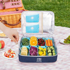 Snack Box Container with Insulated Cooler Bag, Divided Serving Tray with Lid and Handle Beach Essentials, Snackle Box Veggie Fruit Tray with 8 Compartments & 8 Forks & 2 Spoon Blue