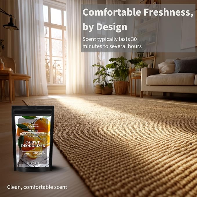 Lapew Orange Carpet Deodorizer Powder - Pet Safe Freshener for Vacuuming | Scented Odor Eliminator for Home | 16 oz
