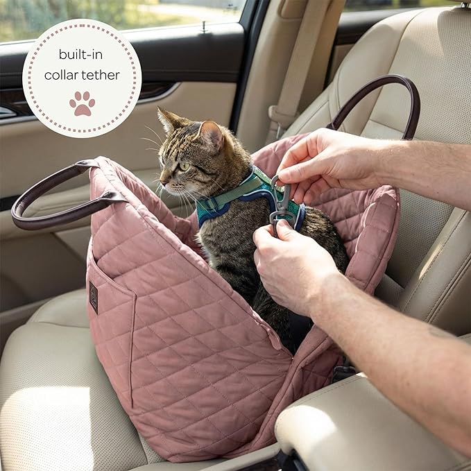4 Cats & Dogs Mew Mew Travel Pet Bed – Soft Carrier for Small Dogs & Cats, Water-Resistant Quilted Shell, Adjustable Belts, Anti-Slip Bottom, Portable Pet Bed & Travel Bag - Rose