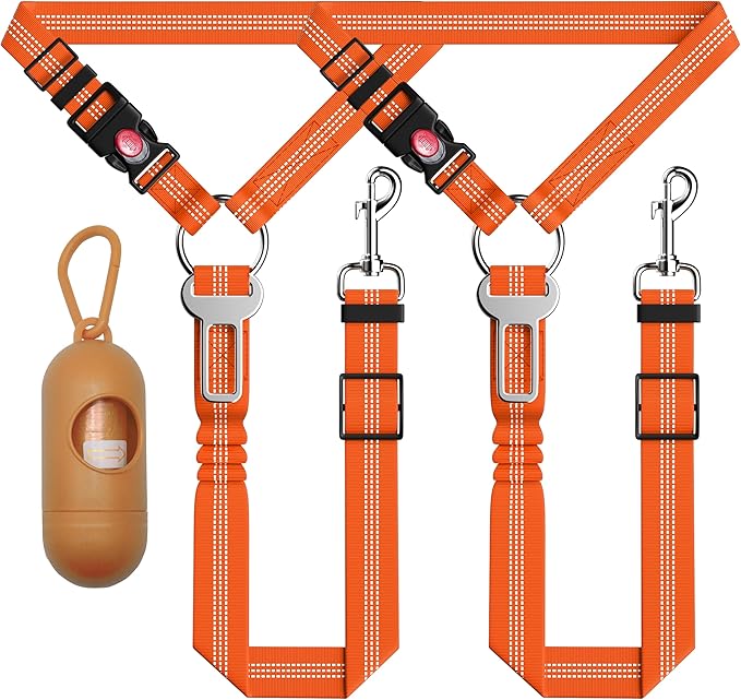 3-Piece Dog Car Harness Set - Retractable, Adjustable, Reflective Dog Seatbelt for Vehicle Headrests, Heavy Duty & High Elastic, Orange