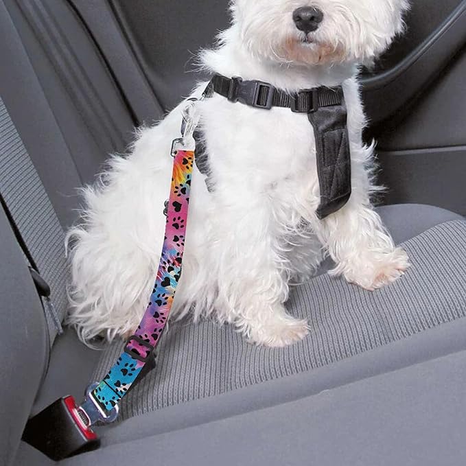 Cute Design 2-Pack Set Adjustable Pet Cat Dog Car Seat Belt, Adjustable Buckle Pet Car Harness Fabric Lanyard from 22 to 38 Inches Seatbelt Leash (Polychrome Dog-Two Piece in one Set)