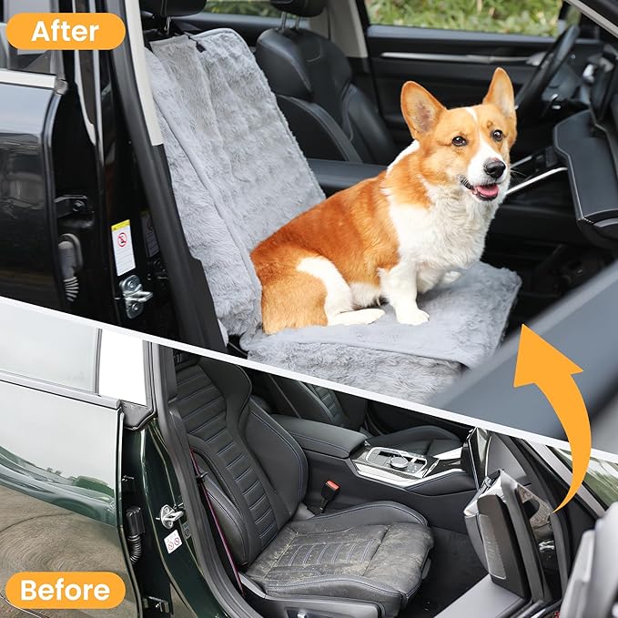Dog Car Seat Cover for Back Seat & Front Seat, Plush Faux Fur Pet Car Seat Protector with Waterproof Layer, Non-Slip Bottom, Side Flaps, Machine Washable (Front Seat Gray)