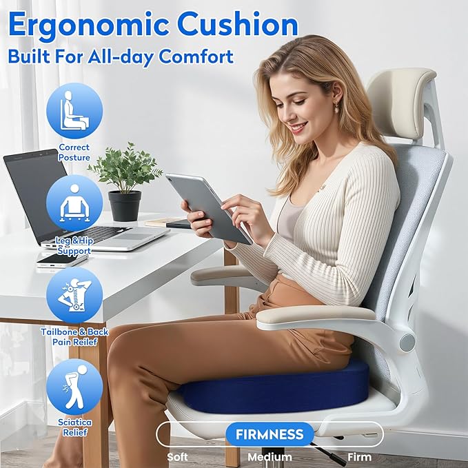 Seat Cushion, Office Chair Cushions, Car Seat Cushion, Non-Slip Sciatica & Back Coccyx Pain Relief Chair Pad, Memory Foam Pillow for Computer Desk, Wheelchair, Driving Large Size (Blue)