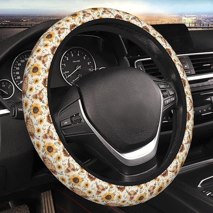 Highland Cow & Highland Cattle Steering Wheel Cover with 2 Car Air Fresheners, Quick Installation & Comfortable Grip for Cars & SUVs