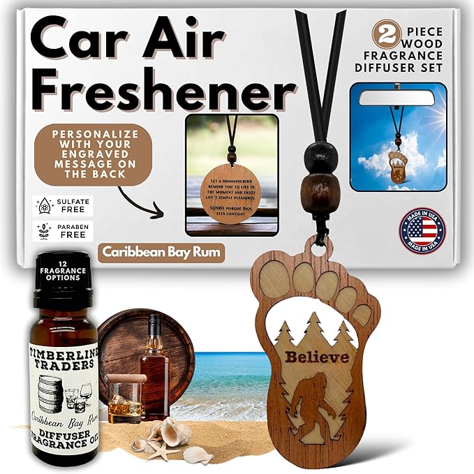 Personalized Car Air Freshener, Wood Diffuser and Fragrance Oil Set, Custom Message, Rearview Mirror Charm, Bigfoot Believe, Sasquatch, Auto Accessory for Men or Women (Caribbean Bay Rum)