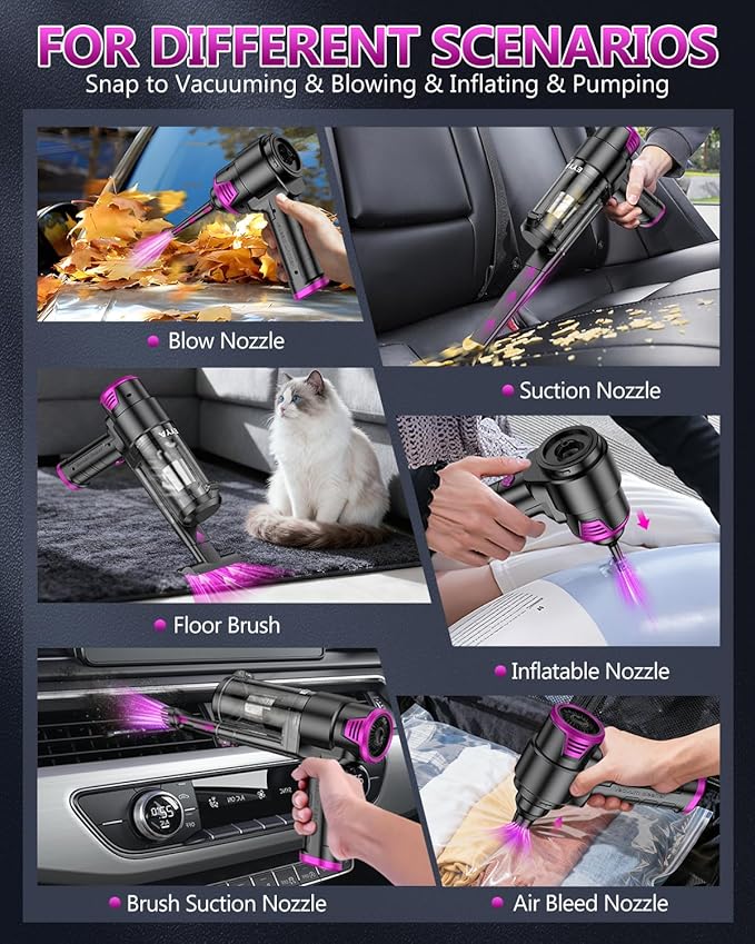EYYA Handheld Vacuum Cordless, 16KPA High Power Portable Car Vacuum Cleaner & Air Duster, Hand Held Vacuum Cordless Rechargeable with Multi-Nozzles & 2 HEPA Filters for Car Home Office