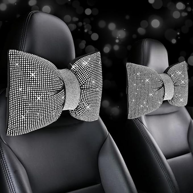 2 PCS Bling Car Pillows, Rhinestones Bowknot Bling Car Headrest Pillow, Car Neck Pillow for Driver Cool Relax Necksupport, White Crystal Diamond Car Accessories for Women