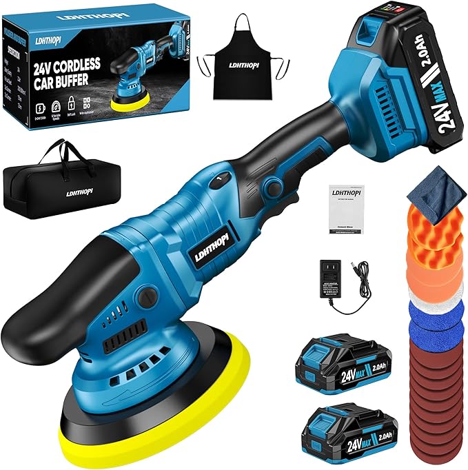 LDHTHOPI 23PCS Cordless Buffer Polisher Kit with 2×2.0Ah Battery & Charger, 10000RPM 1600W High Power Car Polisher with 6 Variable Speed, 17 Buffing Pads for Car Polishing Waxing Detailing