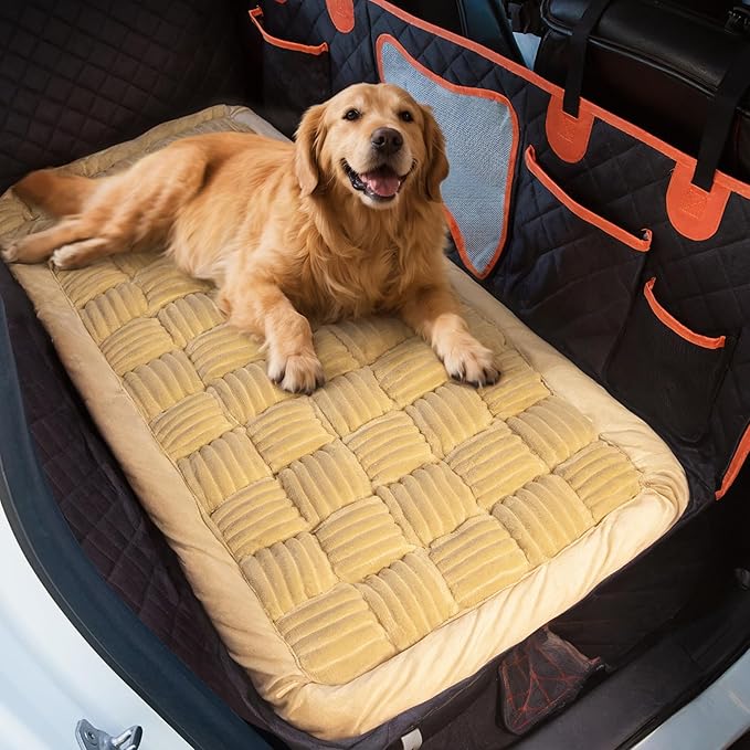 Soulbond Dog Bed for Car Back Seat Soft Plush Backseat Pet Bed Mat Non-Slip Travel Pet Mat, Fuzzy Plaid Dog Seat Cover, Fit for Backseat Extenders and Trucks SUVs (Light Brown, 54" x 24.8")