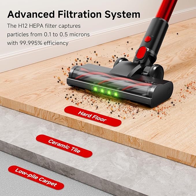 Cordless Stick Vacuum Cleaner, 40Kpa Powerful Suction Vacuum Cleaner with LED Headlight, Detachable Battery, 8-in-1 Lightweight Handheld Vacuums for Pet Hair Carpet and Hardwood Floor, Red