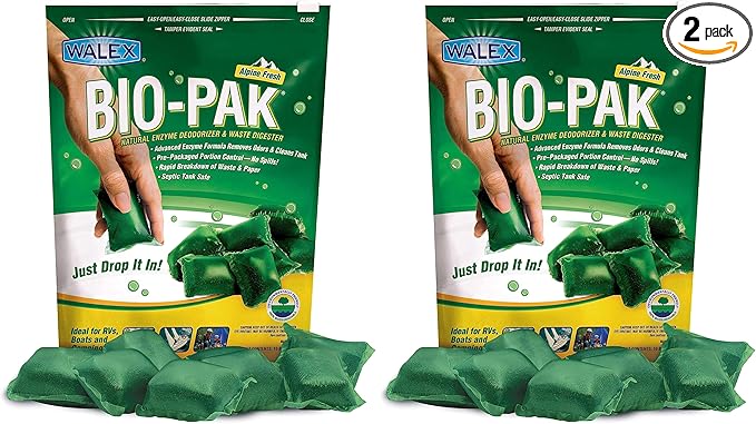 Walex Bio-Pak Black Holding Tank Deodorizer & Waste Digester Drop-Ins - Advanced Enzyme Formula for Rapid Breakdown of Waste & Paper,Removes Odors-& Cleans Tank; Alpine Fresh,10 Count (Pack of 2)