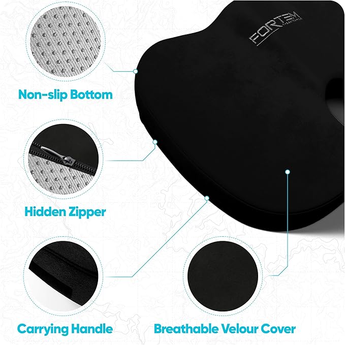 FORTEM Seat Cushion, Office Chair Cushion, Lumbar Support Pillow for Office Chair, Memory Foam Sciatica Coccyx Tailbone Pressure Pain Relief, Car Sitting Pad, Washable Non Slip
