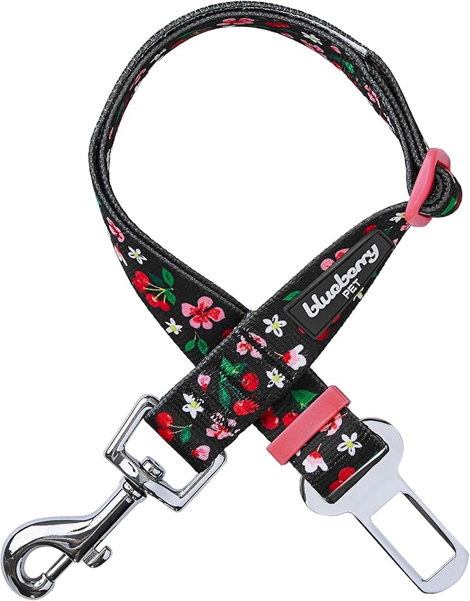 Blueberry Pet 8 Patterns Cherry Garden Black Adjustable Dog Seat Belt Tether for Dogs Cats, Durable Safety Car Vehicle Seatbelts Leads Use with Harness