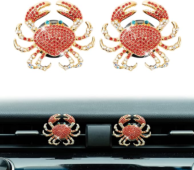 2Pcs Crab Air Freshener Vent Clip, Cute Air Diffuser Clips, Bling Rhinestone Car Outlet Decor, Crab Car Accessories for Women