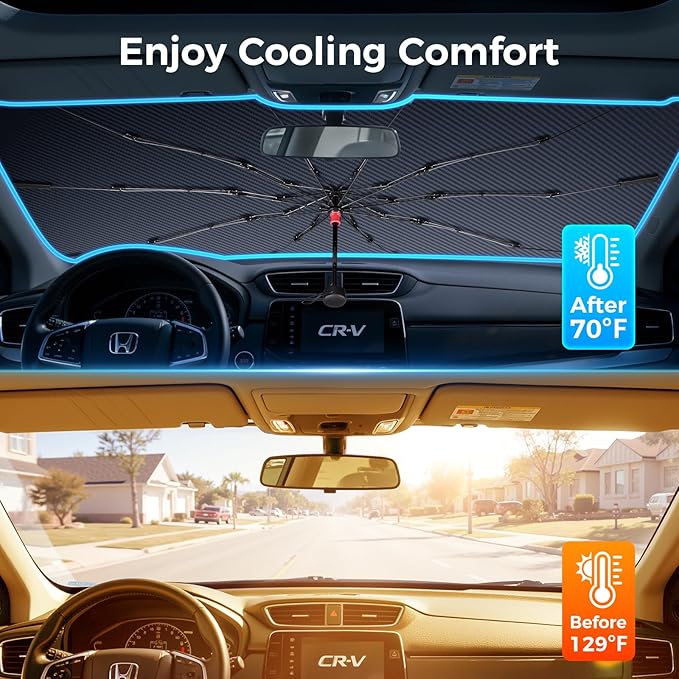 Upgraded Windshield Sun Shade Umbrella – Thickened Silver Titanium Coating, UV Protection for Car Front Window, Block Sun Rays & Keep Interior Cool, Reinforced Spring Edge, Universal Fit 61" L x 33" W