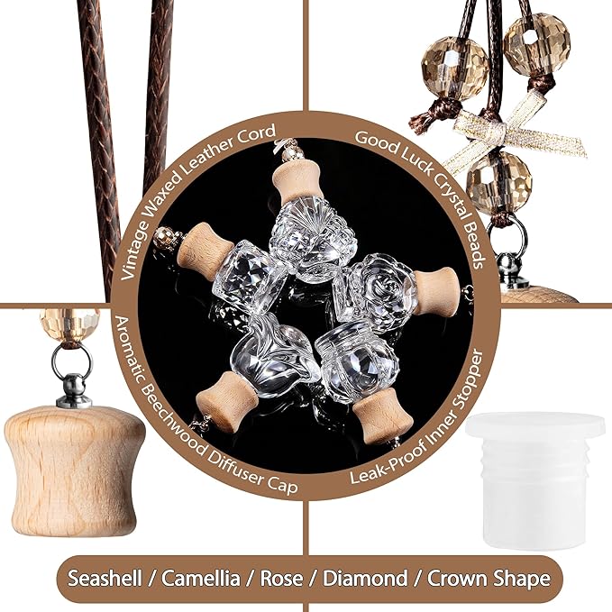 6 Pack Leak-Proof Hanging Car Diffuser - 8ml Refillable Empty Bottles with Wood Caps, 3 Funnels & 2 Droppers - Essential Oil Air Freshener for Car, Home or Office (6, Rose)