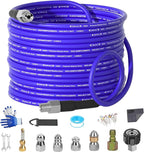 NIFUAL 50FT Sewer Jetter Kit for Pressure Washer, 5800PSI Pressure Drain Cleaner Hose 1/4 Inch NPT Corner, Rotating and Button Hose Sewer Jetting Nozzle Waterproof Tape Pearl Corsage Pin Spanner Glove
