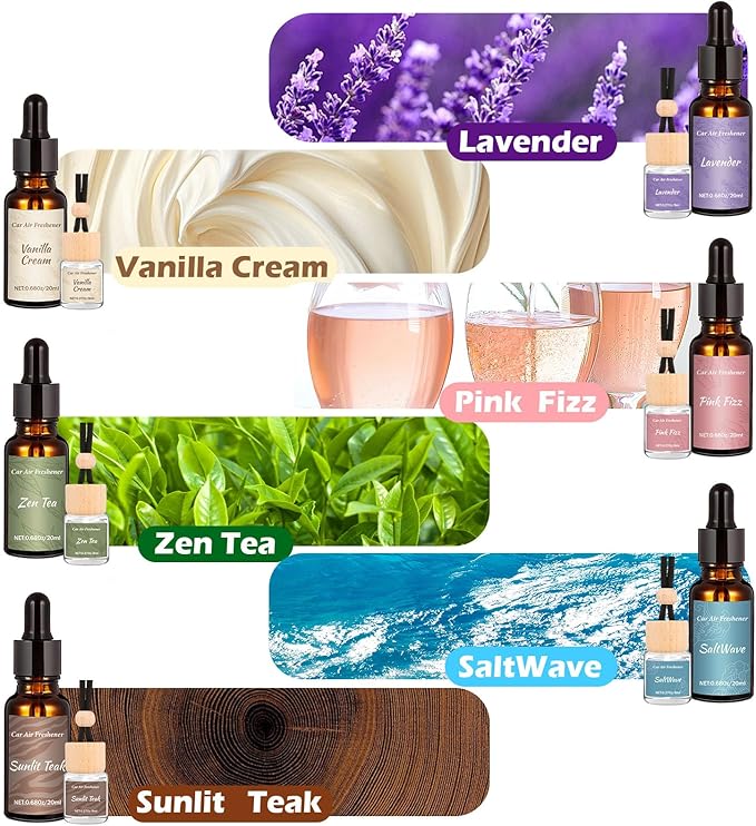 12 Pack Car Air Freshener & Refills, 6-Scent Hanging Air Freshener Diffuser Set -Each(8ml +20ml Refill), Essential Oil Diffuser With Refill Bottles, Reusable Car Fragrance Decor Accessories