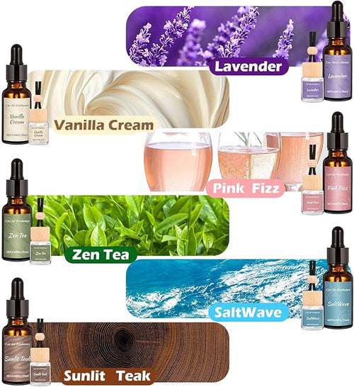 12 Pack Car Air Freshener & Refills, 6-Scent Hanging Air Freshener Diffuser Set -Each(8ml +20ml Refill), Essential Oil Diffuser With Refill Bottles, Reusable Car Fragrance Decor Accessories