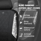 CAR PASS Oxford Bling Diamond Car Seat Covers Full Set Interior Sets, Waterproof Shining Glitter Sparkly Crystal Universal Armrest Fit 95% Automotive Truck SUV Cute Women Girl, Black Silver Rhinestone