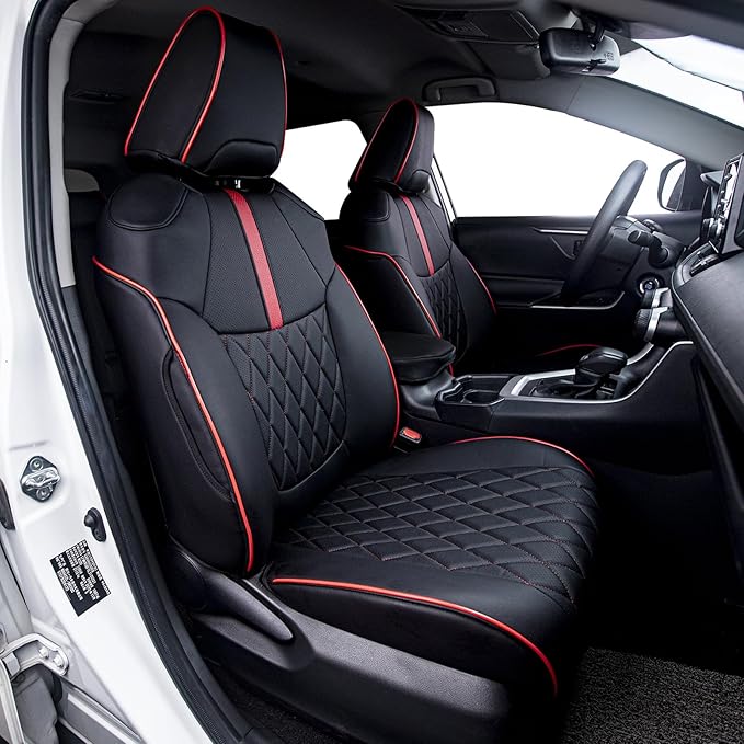 HKZ Fit RAV4 Car Seat Cover Set for 2013 2014 2015 2016 2017 2018 Toyota RAV4 LE Gasoline Version Only-Leather(Black+Red)