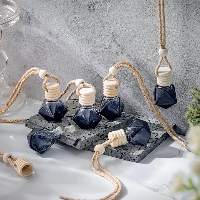 50 Pcs Black Car Air Freshener Hanging Bottle Empty Glass Diffuser Bottles Perfume Bottle Refillable Car Air Freshener Pendant Aromatherapy Fragrance Vials Bottles Ornament(Diamond)