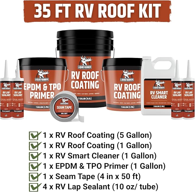Liquid Rubber RV Roof Coating 35 Ft Leak Repair Kit – Solar Reflective, Waterproof & Weatherproof Protection – Complete System with Sealer, EPDM Primer, Cleaner, Seam Tape & Lap Sealant