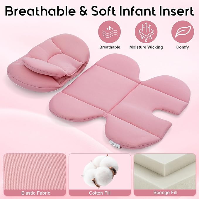 Infant Car Seat Insert with Extra Headrest for Preemie to Newborn, Thickened Baby Car Seat Head Support for Girls Boys, Adjustable Baby Car Seat Cushion with Filled Natural Spong