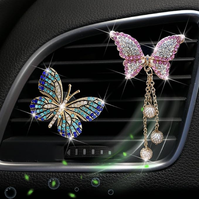 Blue and Pink Butterfly Air Vent Clip Accessories Air Conditioning Outlet Clip Car Air Freshener Dashboard Accessories Charm Car Inter Decor Cute Interior Accessories for Women (2 Pcs)