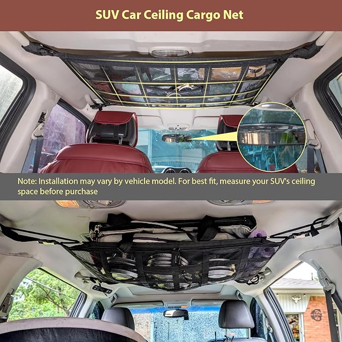 Kaskawise SUV Car Ceiling Cargo Net Pocket,35.4"x23.6" Double-Layer Mesh Car Roof Storage Organizer for Ford,F150,Jeep,Honda CRV,RAV4,Van Organizers and Storage,Camping Accessories