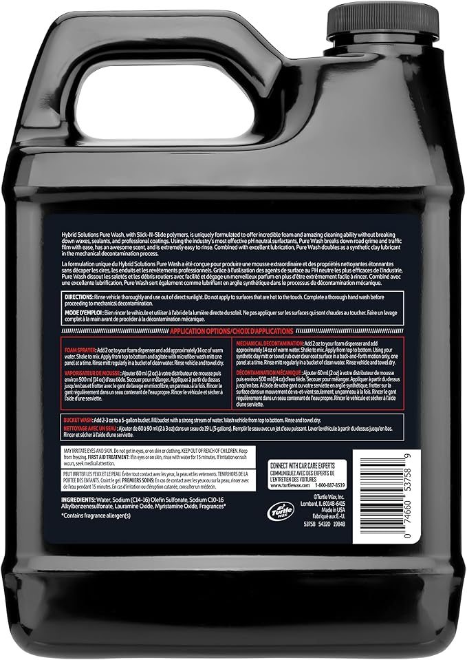 Turtle Wax Hybrid Solutions Pure Wash,pH Neutral Extreme Foaming Car Wash Soap,Bucket or Foam Cannon Application,Won't Strip Waxes or Coatings,Clay Bar Lubricant,Spot-Free Clean,64 fl oz,(Pack of 2)