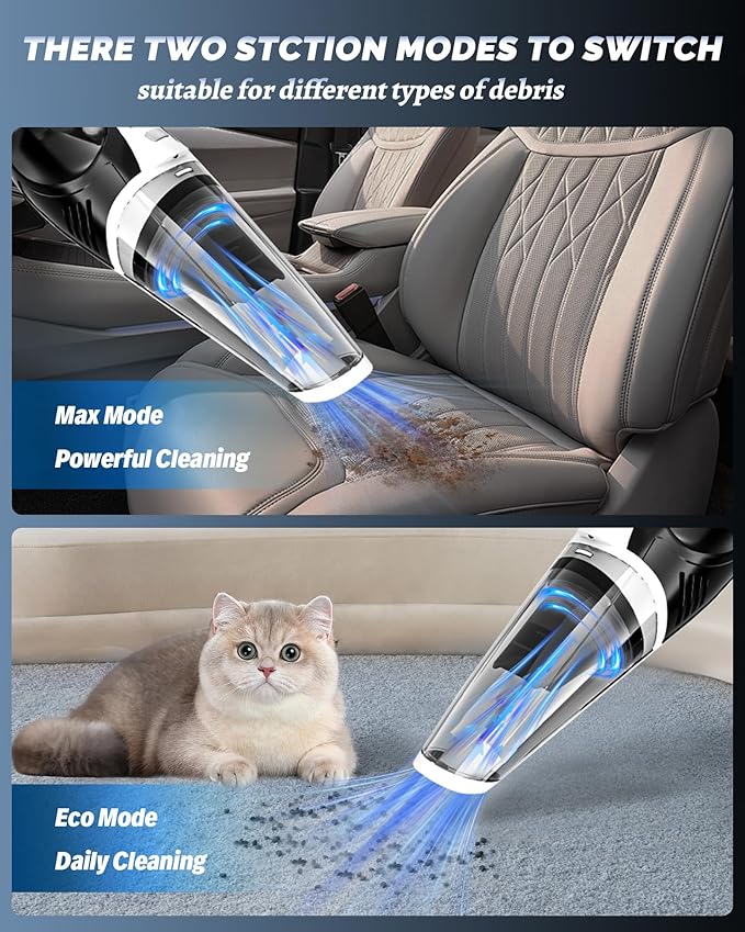 BRL Handheld Vacuum Cordless, Car Vacuum Cleaner with Powerful Suction, 2 Modes Mini Hand Vacuum, Dry & Wet, LED Light, Portable Vacuum for Car Pet Hair, Home, Office, Keyboards White Sliver