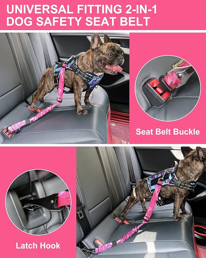 Hotsky Dog Seat Belt, Adjustable Safety Seatbelt 3-in-1 Car Harness for Dogs in Car Nylon Elastic Bungee Buffer Tether with Clip Hook Latch Buckle Swivel Zinc Alloy Carabiner(Hotpink Camo)