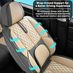 Khaki Car Seat Cover Complete Set, Universal Car Seat Cover for Car with Lumbar Support, Premium Artificial Leather, Waterproof and Easy to Clean, Airbag Compatible, Seat Heating Compatible