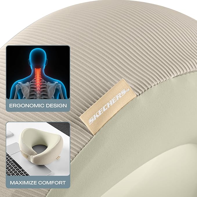 Skechers Men's Memory Foam Neck Pillow, Comfortable & Breathable Travel Pillow, Neck Pillow Airplane for Travel, Car Rides, Home, and Office Use, Ergonomic Design for Men and Women,Beige