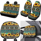 FKELYI Aztec Sunflower Car Seat Covers Full Set - Headrest, Steering Wheel Protector, Handbrake & Gear Shifter Covers, Cup Coasters