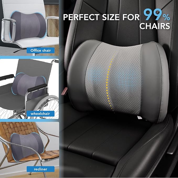 Lumbar Support Pillow for Car, Memory Foam Lumbar Pillow for Lower Back Pain Relief - Back Cushion for Driving, Chair Support for Car-Office Chair, Wheelchair - Dark Grey