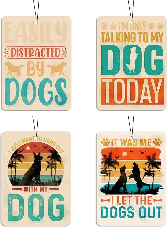 Retro Dog Car Air Freshener 4 Pcs, Vintage Quote & Silhouette Scented Hanging Decor for Pet Lovers, Vehicles Home Office, Fun Puppy Mirror Gift