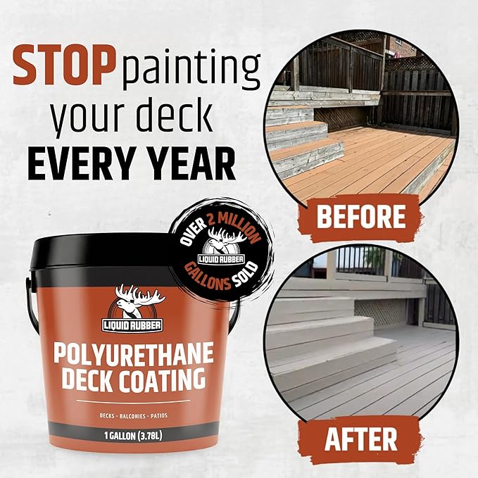 Liquid Rubber Polyurethane Deck Coating – 10X Stronger Than Traditional Deck Paint & Deck Stain – Flexible, Waterproof Sealant for Wood, Concrete & Plywood – Textured Finish – White – 1 Gallon