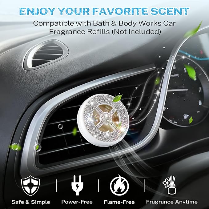Car Fragrance Holder Compatible with Bath & Body Works Refills (Not Included), Air Freshener Vent Clip or Visor Clip, Refillable Scent Holder, Easy to Open Car Diffuser(White,Diamond)