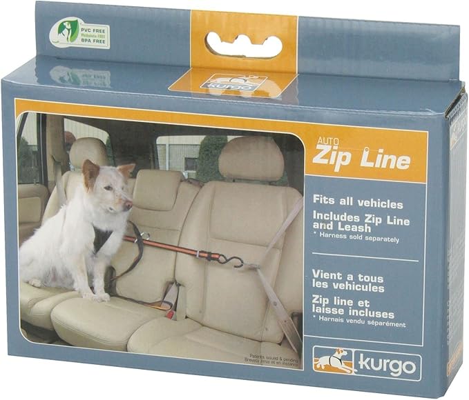 Kurgo Auto Zip Line - Backseat Zipline Harness for Car Travel - Dog Car Accessory for Safe Rides - Adjustable Pet Tether - Durable Nylon Zipline Leash Travel System