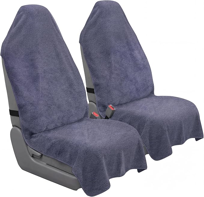 Car Seat Towel Cover, 2pcs Universal Front Seat Protector for Cars, SUVs and Trucks, Sweat Towel Car Seat Cover for Gym, Yoga, Swimming, Pets and Family Travel, Purple Gray