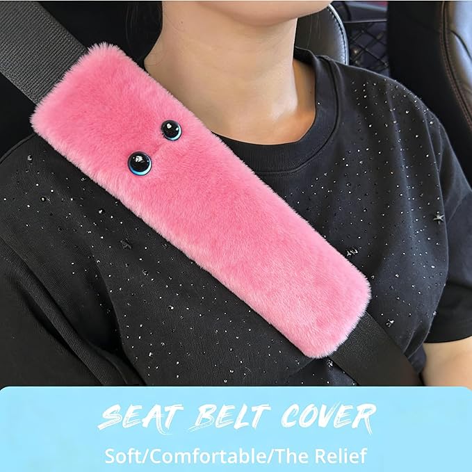 Pink Cat Eyes Seat Belt Strap Cover Pad, Cute Funny Interior Car Accessories Decor, for Auto Car Truck Pickup 2026, Artificial Soft Wool, Fluffy Shoulder Neck Cushion Protector, 2 PCS