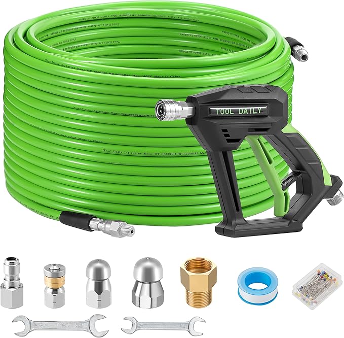 Tool Daily Sewer Jetter Kit for Pressure Washer 200 FT, Short Power Washer Gun, Drain Cleaner Hose 1/4 Inch NPT, Corner, Rotating and Button Nose Sewer Jet Nozzle, 3600 PSI